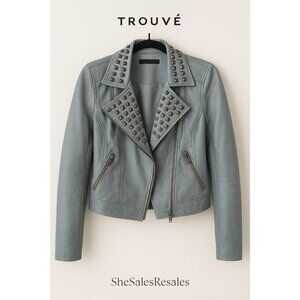 TROUVÉ Genuine Leather Studded Moto Jacket XS Teal Zip Front Made in India